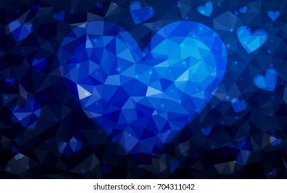 DARK BLUE vector greeting Card Happy Valentine's Day. Lettering with hearts on the white polygonal background. Colored triangular illustration for your business.