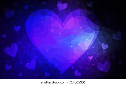 DARK BLUE vector greeting Card Happy Valentine's Day. Lettering with hearts on the white polygonal background. Colored triangular illustration for your business.