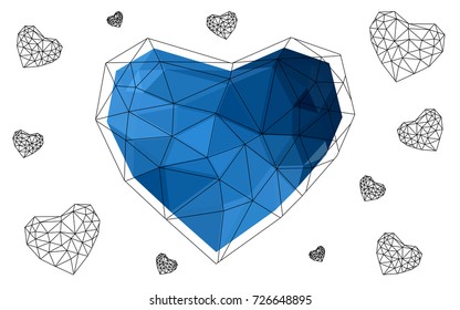 DARK BLUE vector greeting Card Happy Valentine's Day. Lettering with hearts on the white polygonal background. Colored triangular illustration for your business.