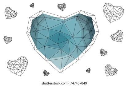 DARK BLUE vector greeting Card Happy Valentine's Day. Lettering with hearts on the white polygonal background. Colored triangular illustration for your business.