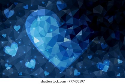 DARK BLUE vector greeting Card Happy Valentine's Day. Lettering with hearts on the white polygonal background. Colored triangular illustration for your business.
