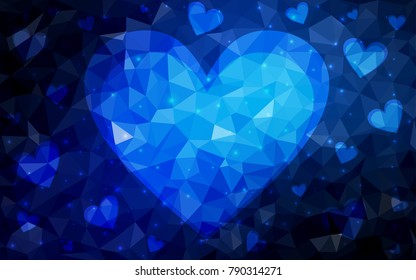 DARK BLUE vector greeting Card Happy Valentine's Day. Lettering with hearts on the white polygonal background. Colored triangular illustration for your business.