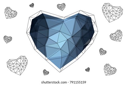 DARK BLUE vector greeting Card Happy Valentine's Day. Lettering with hearts on the white polygonal background. Colored triangular illustration for your business.