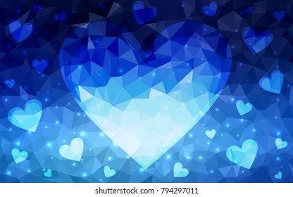 DARK BLUE vector greeting Card Happy Valentine's Day. Lettering with hearts on the white polygonal background. Colored triangular illustration for your business.