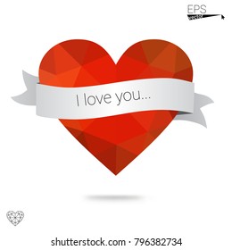 DARK BLUE vector greeting Card Happy Valentine's Day. Lettering with hearts on the white polygonal background. Colored triangular illustration for your business.