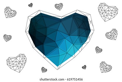 DARK BLUE vector heart isolated on white background. Geometric rumpled triangular low poly origami style gradient graphic illustration. Polygonal design for your business.