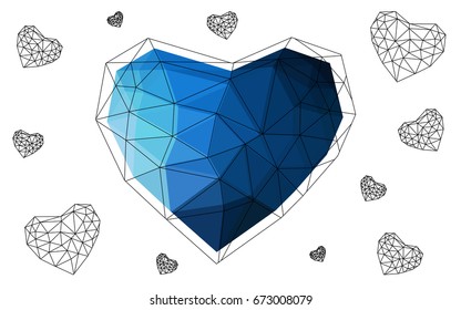 DARK BLUE vector heart isolated on white background. Geometric rumpled triangular low poly origami style gradient graphic illustration. Polygonal design for your business.