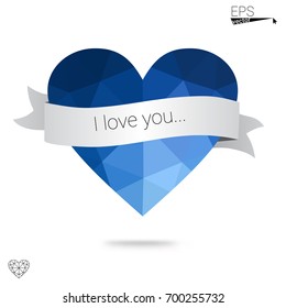 DARK BLUE vector heart isolated on white background. Geometric rumpled triangular low poly origami style gradient graphic illustration. Polygonal design for your business.