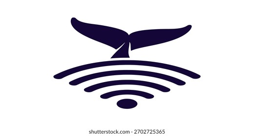 Ícone vetorial azul escuro de uma cauda de baleia mergulhando em ondas de sinal Wi-Fi. Simboliza a conectividade dos oceanos, tecnologia marinha ou rastreamento de baleias. Ideal para aplicativos ecológicos, conservação e marcas de oceano inteligente. 