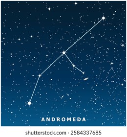 A dark blue vector illustration of the Andromeda constellation with glowing stars