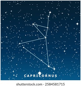 A dark blue vector illustration of the Capricornus constellation with glowing stars