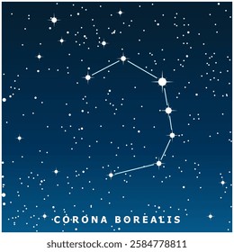 A dark blue vector illustration of the Corona Borealis constellation with glowing stars