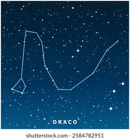 A dark blue vector illustration of the Draco constellation with glowing stars