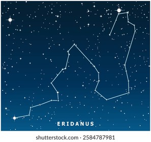 A dark blue vector illustration of the Eridanus constellation with glowing stars