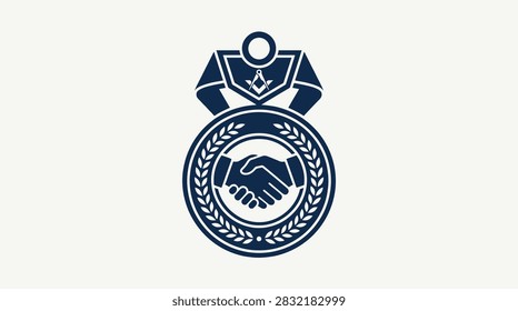 A dark blue vector illustration of a Freemasonry emblem with a handshake inside a laurel wreath circle and a masonic collar above it.