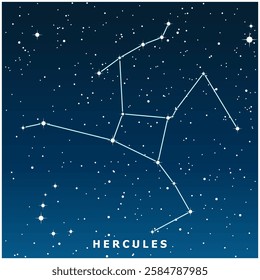 A dark blue vector illustration of the Hercules constellation with glowing stars