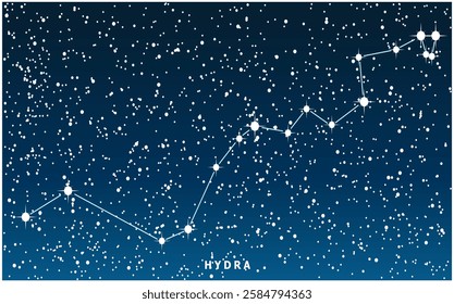 A dark blue vector illustration of the Hydra constellation with glowing stars