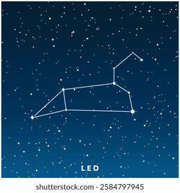 A dark blue vector illustration of the Leo constellation with glowing stars