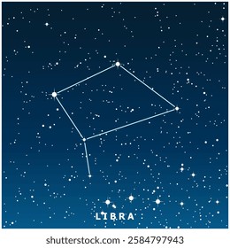 A dark blue vector illustration of the Libra constellation with glowing stars