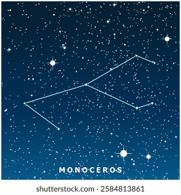A dark blue vector illustration of the Monoceros constellation with glowing stars
