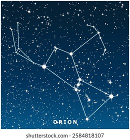 A dark blue vector illustration of the Orion constellation with glowing stars