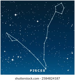 A dark blue vector illustration of the Pisces constellation with glowing stars