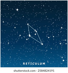 A dark blue vector illustration of the Reticulum constellation with glowing stars