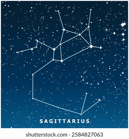 A dark blue vector illustration of the Sagittarius constellation with glowing stars