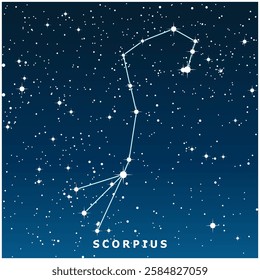 A dark blue vector illustration of the Scorpius constellation with glowing stars