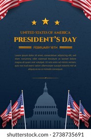 Dark blue vector illustration template for Presidents Day featuring American flags, golden stars, the US Capitol building silhouette, and ample copy space for holiday announcements and promotional text.