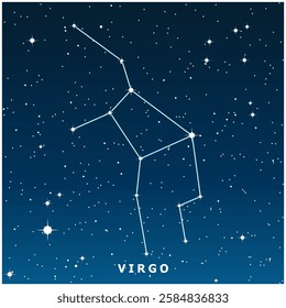 A dark blue vector illustration of the Virgo constellation with glowing stars