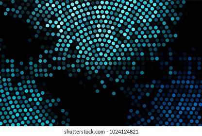 Dark BLUE vector illustration which consist of circles. Dotted gradient design for your business. Creative geometric background in halftone style with colored spots.