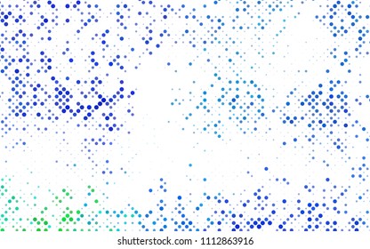 Dark BLUE vector illustration which consist of circles. Dotted gradient design for your business. Creative geometric background in halftone style with colored spots.