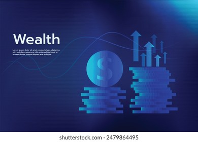 A dark blue vector image featuring stacked coins, graph lines, and arrows pointing upwards, indicating positive financial aspects and wealth