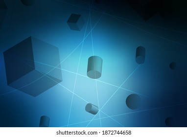Dark BLUE vector layout with 3D cubes, cylinders, spheres, rectangles. Abstract illustration with volumetric figures. Smart design for business ads.