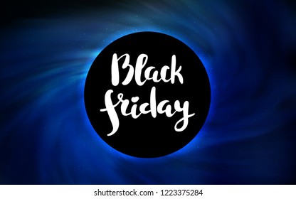 Dark BLUE vector layout with a black hole, universe. Decorative design in space style with a black hole. Backdrop for Black Friday promotions.