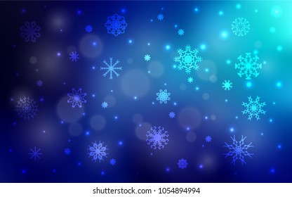 Dark BLUE vector layout with bright snowflakes. Blurred decorative design in xmas style with snow. The template can be used as a new year background.