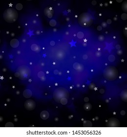 Dark BLUE vector layout with circles, stars. Glitter abstract illustration with colorful drops, stars. Pattern for design of fabric, wallpapers.