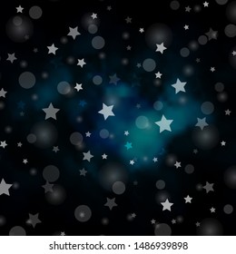 Dark BLUE vector layout with circles, stars. Abstract illustration with colorful spots, stars. Design for wallpaper, fabric makers.