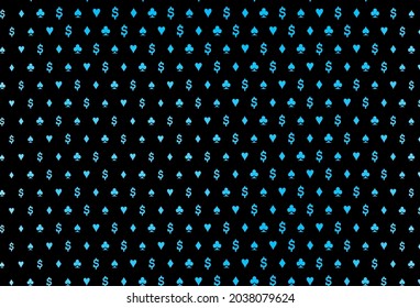 Dark blue vector layout with elements of cards. Colored illustration with hearts, spades, clubs, diamonds. Template for business cards of casinos.