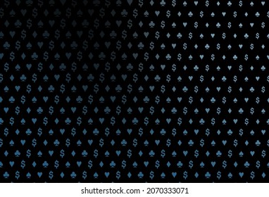 Dark blue vector layout with elements of cards. Shining illustration with hearts, spades, clubs, diamonds. Template for business cards of casinos.