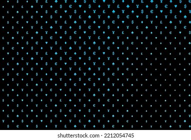 Dark blue vector layout with elements of cards. Colorful gradient with signs of hearts, spades, clubs, diamonds. Template for business cards of casinos.