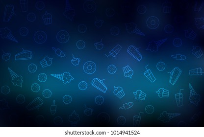 Dark BLUE vector layout with sweet desserts. Glitter abstract sketch with sweets, candies, desserts. Template of children's food in cafe.