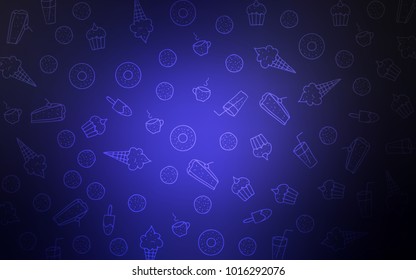 Dark BLUE vector layout with sweet desserts. Beautiful colored illustration with candies in doodle style. Pattern for menu of cafes and restaurants.