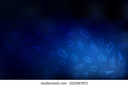 Dark BLUE vector layout with sweet desserts. Illustration with set of sweet food in doodle style. Doodle design for your business advert of cafes.