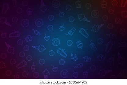Dark BLUE vector layout with sweet desserts. Glitter abstract sketch with sweets, candies, desserts. Doodle design for your business advert of cafes.