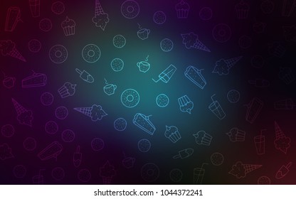 Dark BLUE vector layout with sweet desserts. Confections on blurred abstract background with colorful gradient. Pattern for menu of cafes and restaurants.