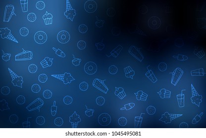 Dark BLUE vector layout with sweet desserts. Decorative shining illustration with sweets on abstract template. Template of children's food in cafe.