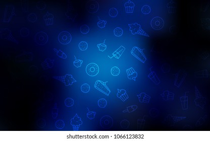 Dark BLUE vector layout with sweet desserts. Decorative shining illustration with sweets on abstract template. Doodle design for your business advert of cafes.