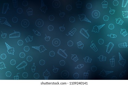 Dark BLUE vector layout with sweet desserts. Confections on blurred abstract background with colorful gradient. Pattern for ad, booklets, leaflets of restaurants.